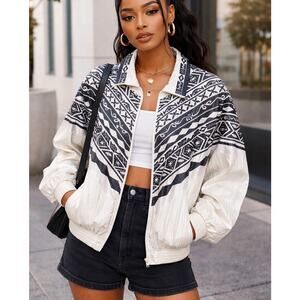 Vintage Ladies LAVON Aztec Pattern Medium Track Windbreaker Jacket 80s 90s